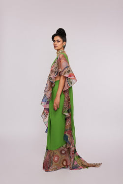 Parrot green Divergence Vase printed and embellished organza ruffle saree and blouse.