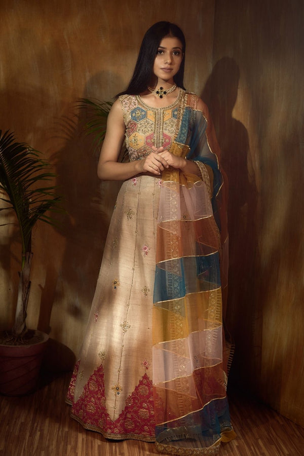Beige Lehanga with Benarsi Patch and Multi Color thread work top