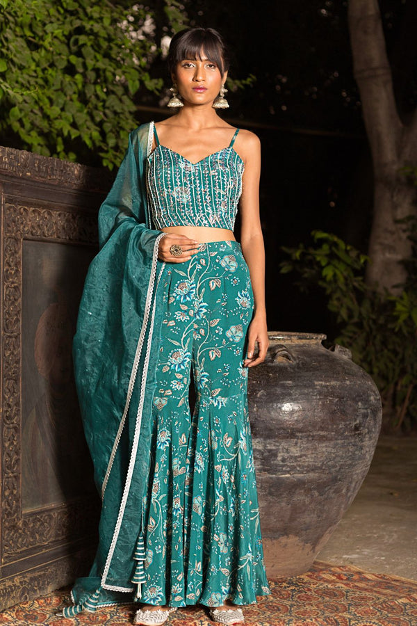 Teal Printed Sharara Set With Crop Blouse And Dupatta