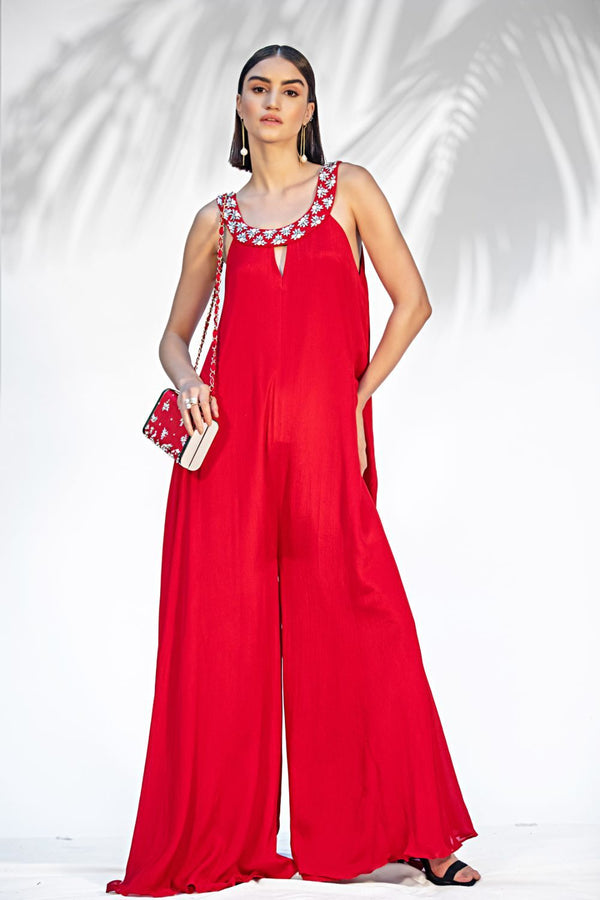 RUBY RED FLARED JUMPSUIT