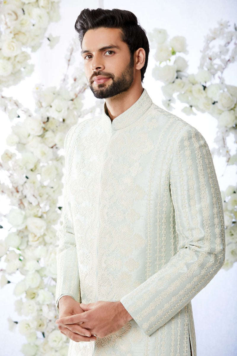 Sage Green Pearl Short Sherwani Set