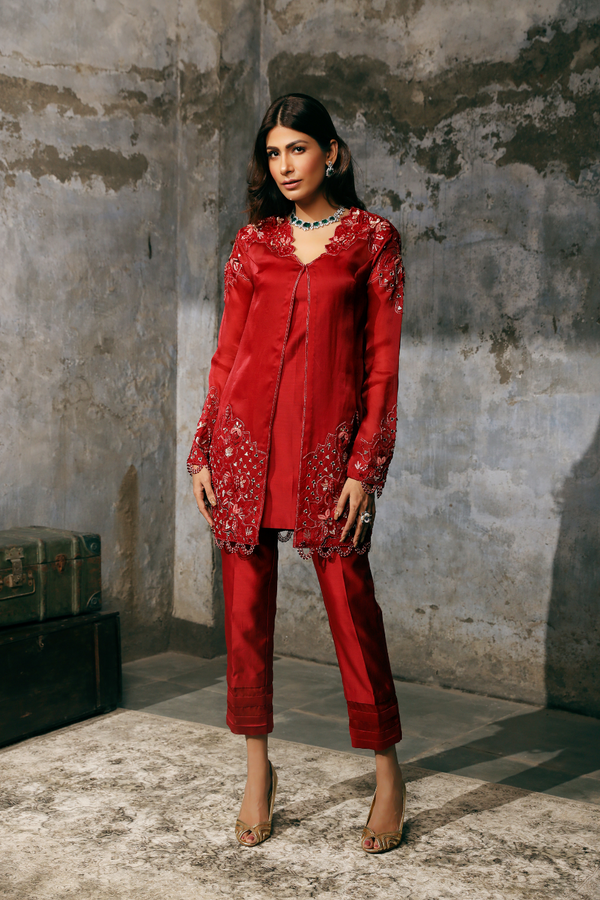 Red Organza Hand Embroidered tunic with pants set