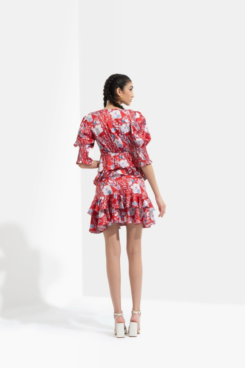 Ajisia printed front tie up top with smocking cuff detail, paired with printed skirt