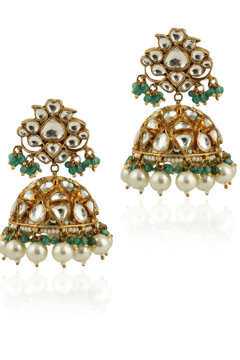 WHITE STONE NECKALCE WITH JHUMKI  SEA GREEN HANGINGS AND PEARL