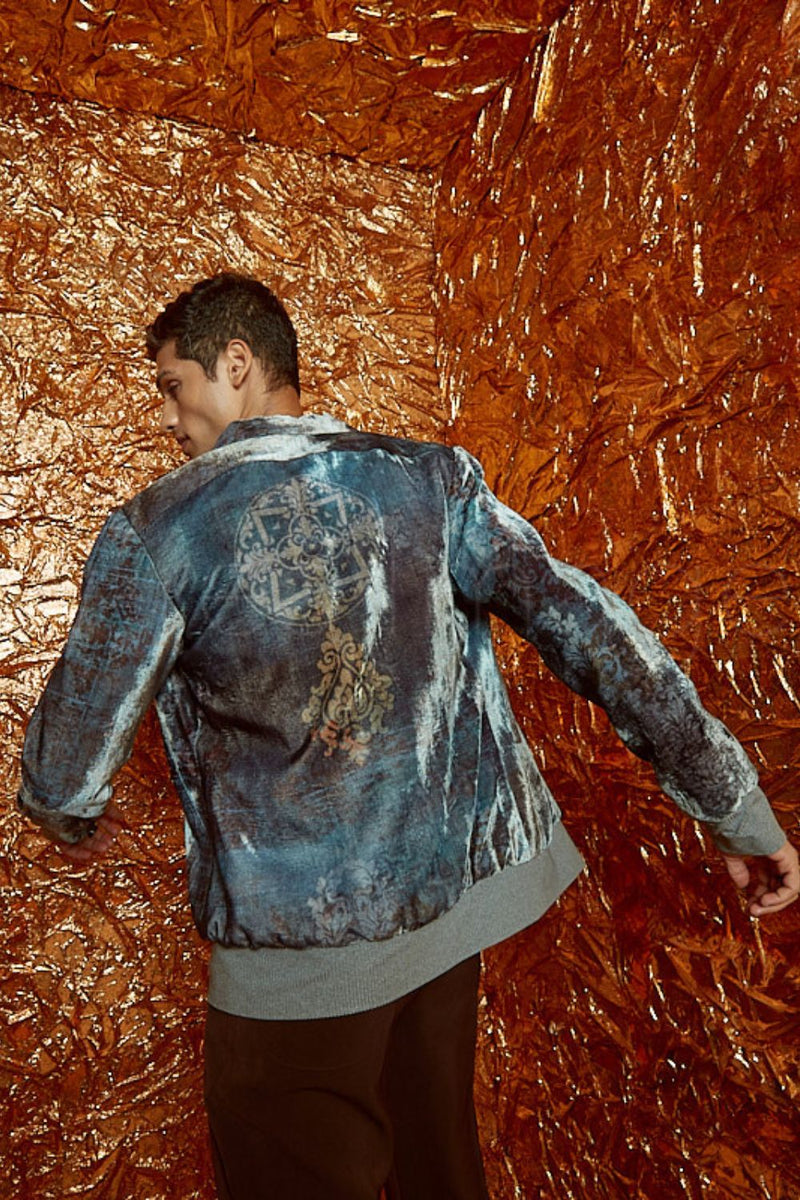 Printed Velvet Bomber Jacket and Brown Micro Pants with Zip Detail