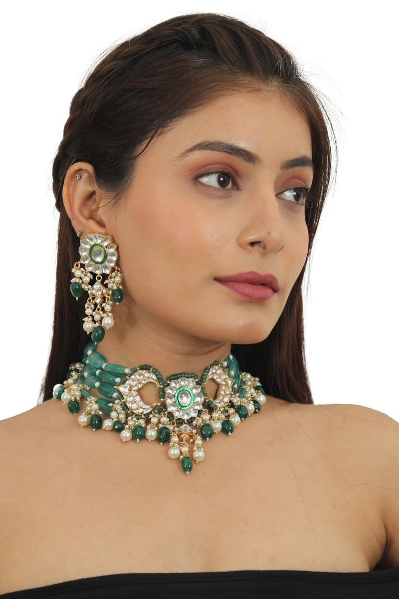 GREEN CHOKER NECKLACE SET WITH CHAND DESIGN IN 22KT GOLD PLATING