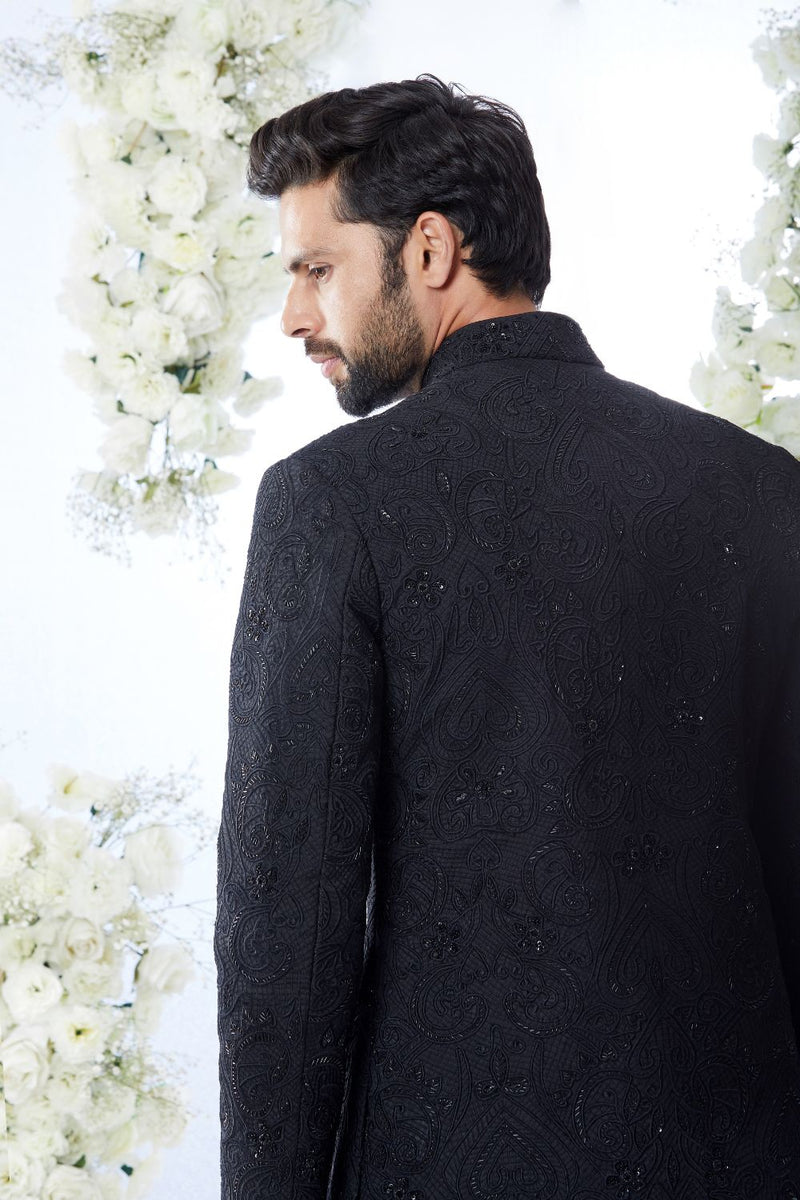 Black on Black Short Sherwani Set