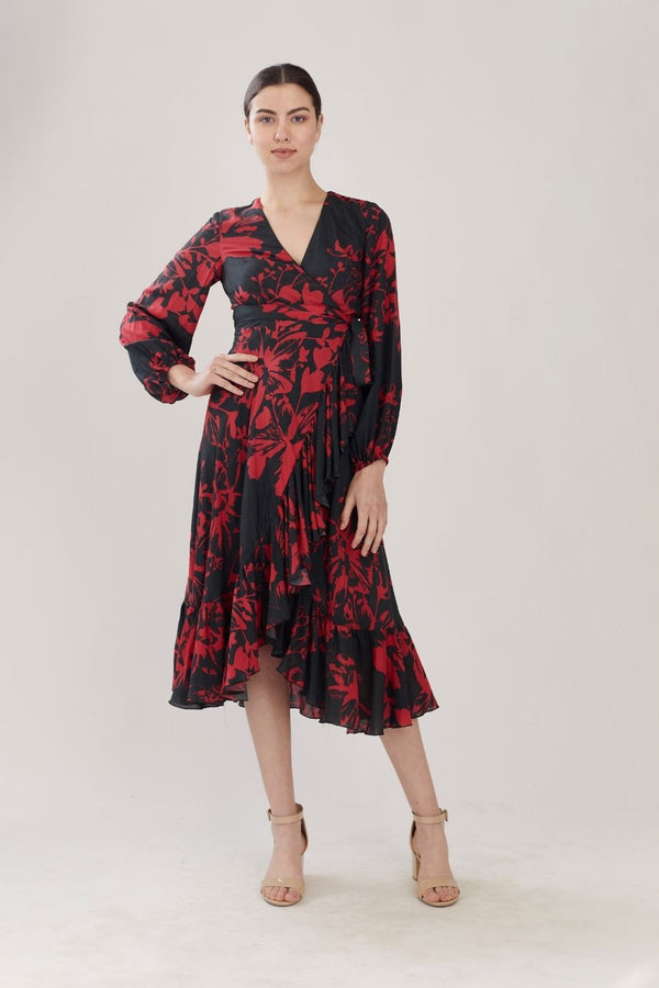 DARK GREEN AND RED FLORAL WRAPE DRESS