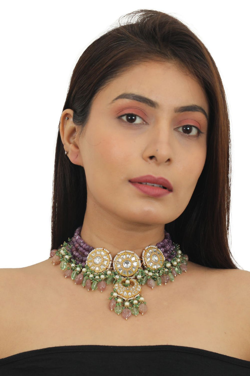 PURPLE MOTI LINE CHOKER SET BEADDED  SEA GREEN BEADS