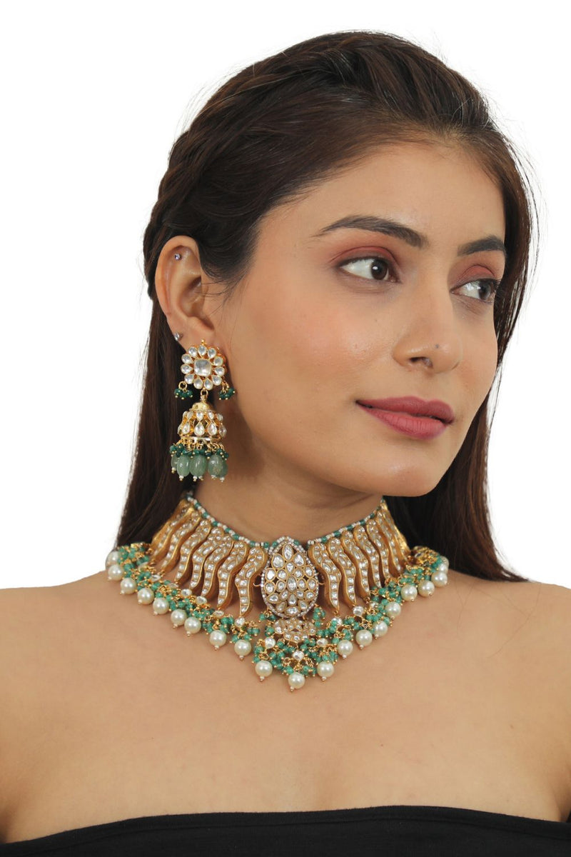 FESTIVE WEAR NECKLACE SET IN 22KT GOLD PLATING, CARVED UNIQUELY WITH SEA GREEN BEADS AND PEARLS