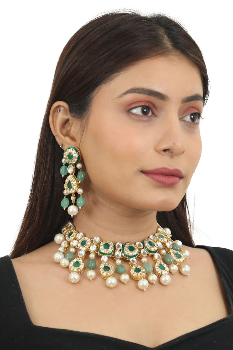 GREEN MEENAKARI NECKLACE SET WITH WHITE PEARL