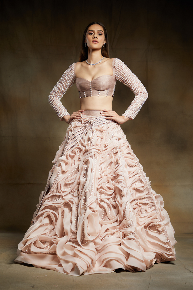 blush pink lehenga with corset blouse