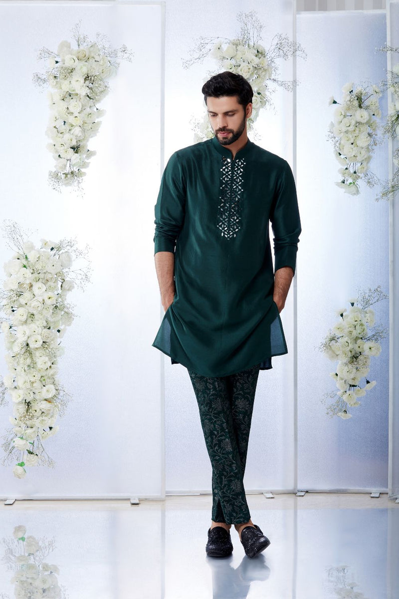 Emerald Green Mirror Open Sherwani Set