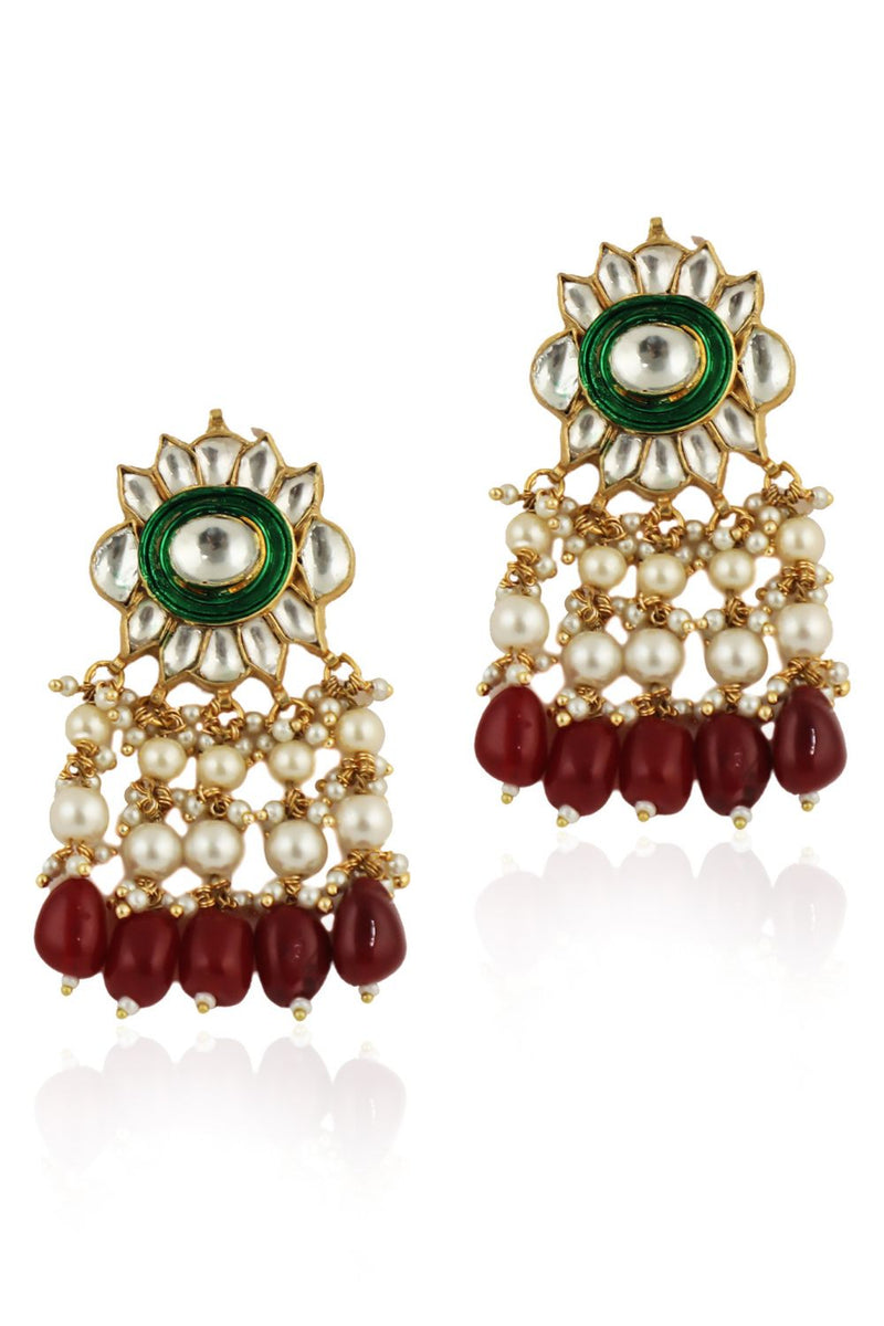 RED BEADS WITH GREEN MEENAKARI WHITE JADTAR  CHOKER SET