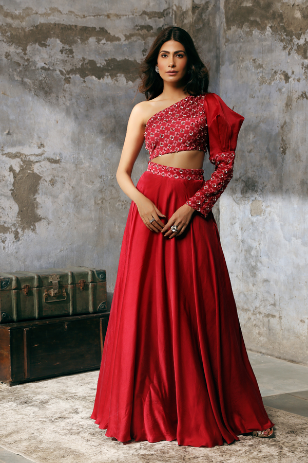 Red printed yoke full length gown with dupatta set