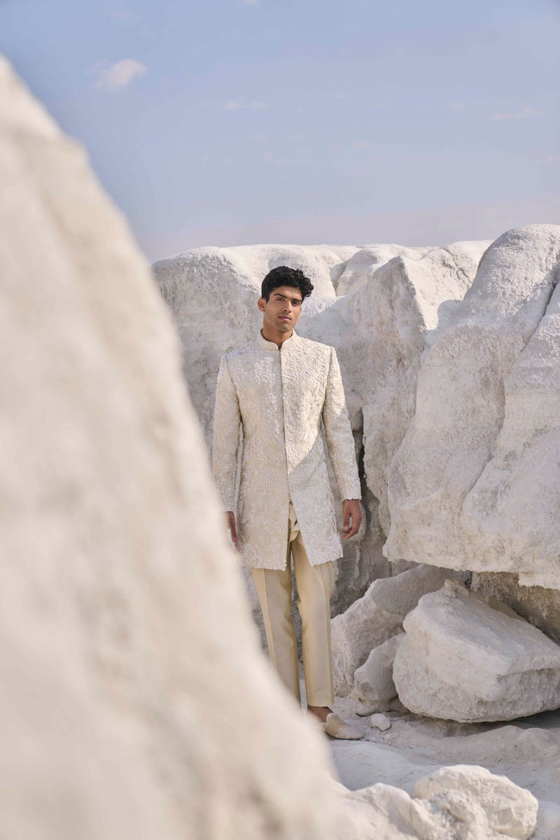 Off-White Three Dimensional Floral Sherwani Set