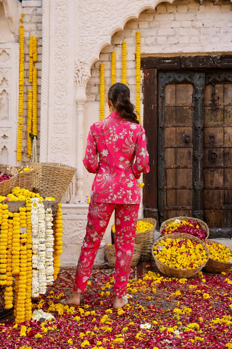 Hot Pink Printed Pant Suit