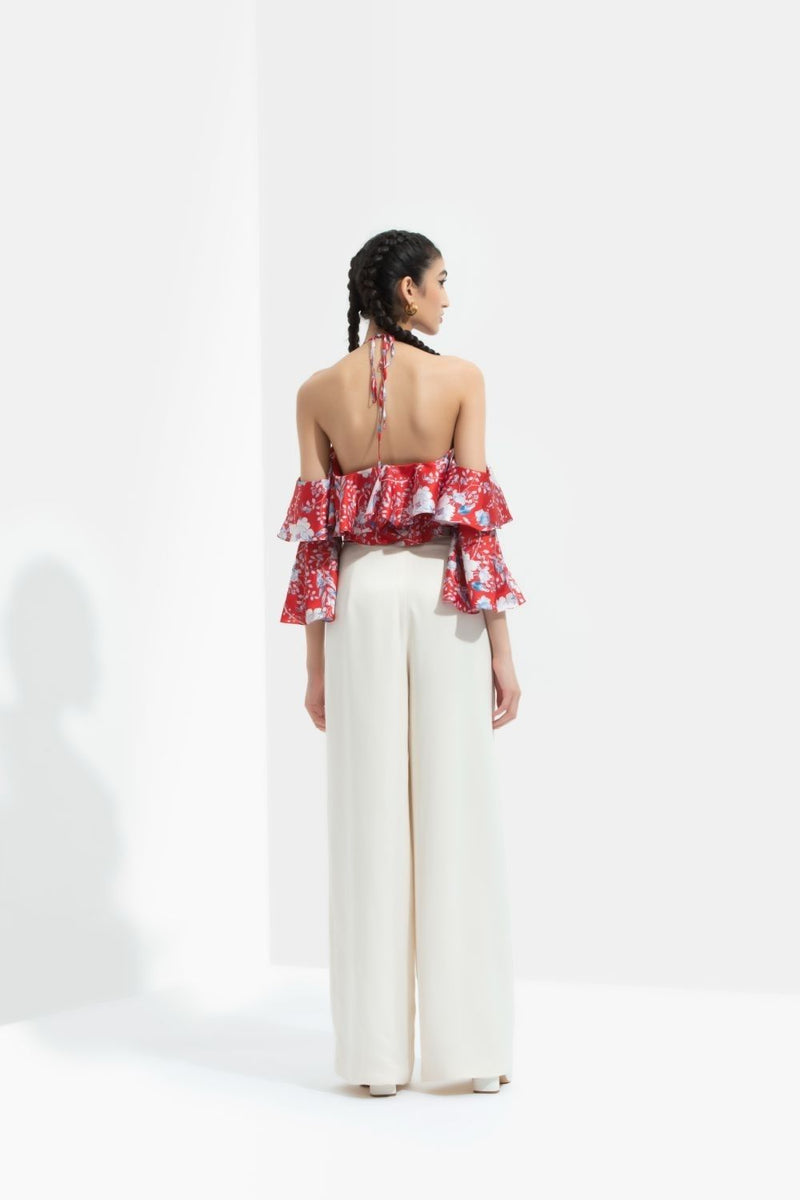 Ajisia printed cold shoulder top paired with ivory trouser