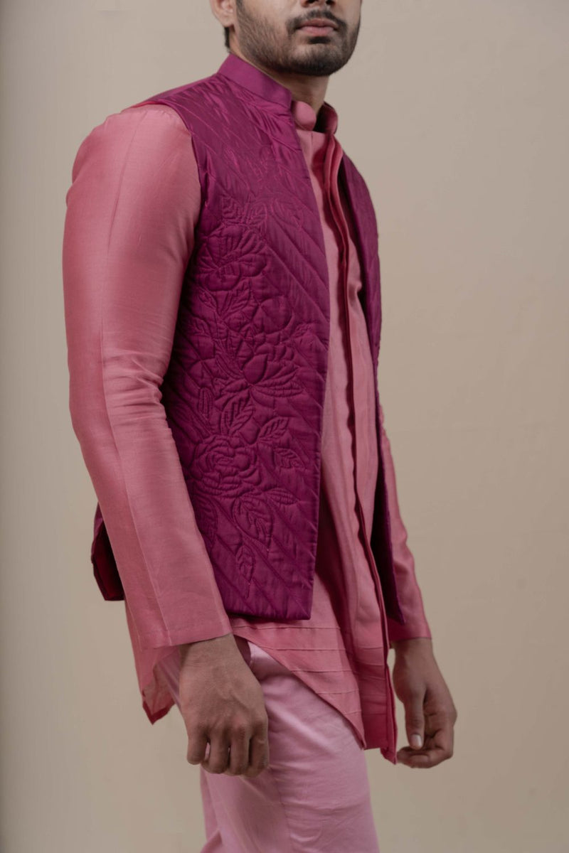 WINE HANDQUILTED SILK HALF JACKET