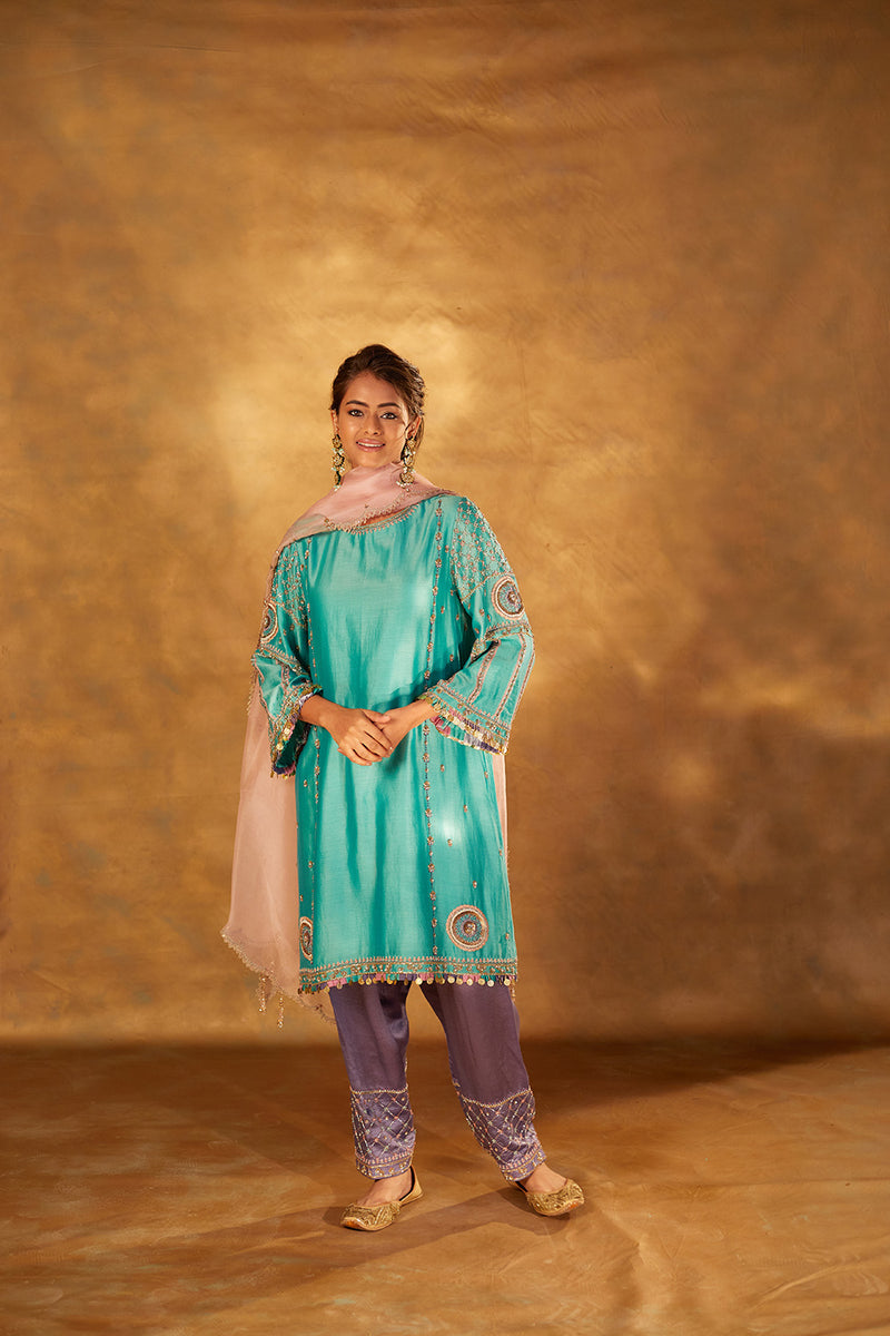 Embroidered Chanderi Kurta, Silk Salwar and Organza Dupatta