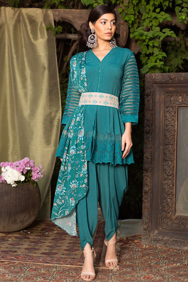 Teal Tunic With Dhoti Pants