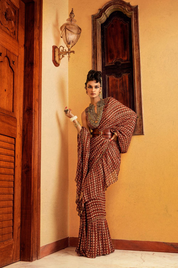 Brown Printed  & Embroidered Saree Set