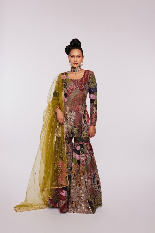 Blue vase Divergence  Printed and embellished organza sharara set and dupatta