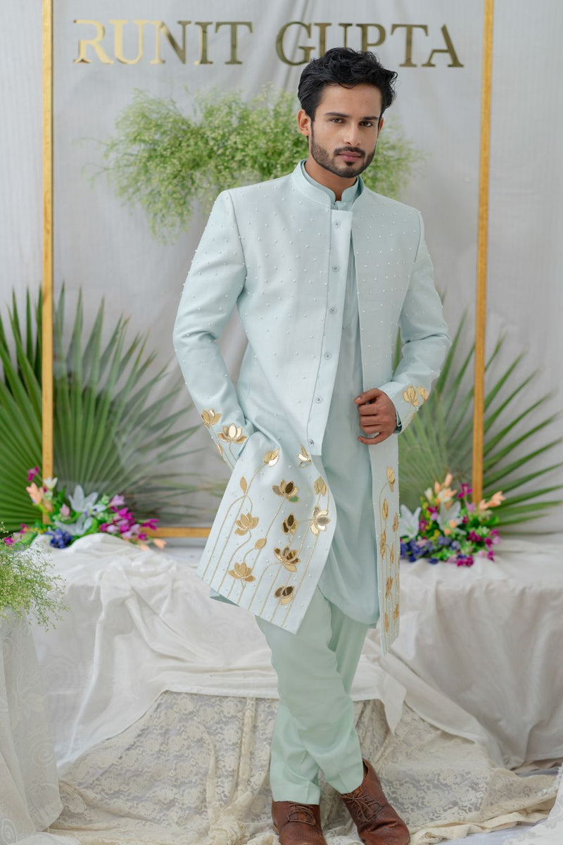 Aayan Lotus Powder Blue  Embroidered  Sherwani Set