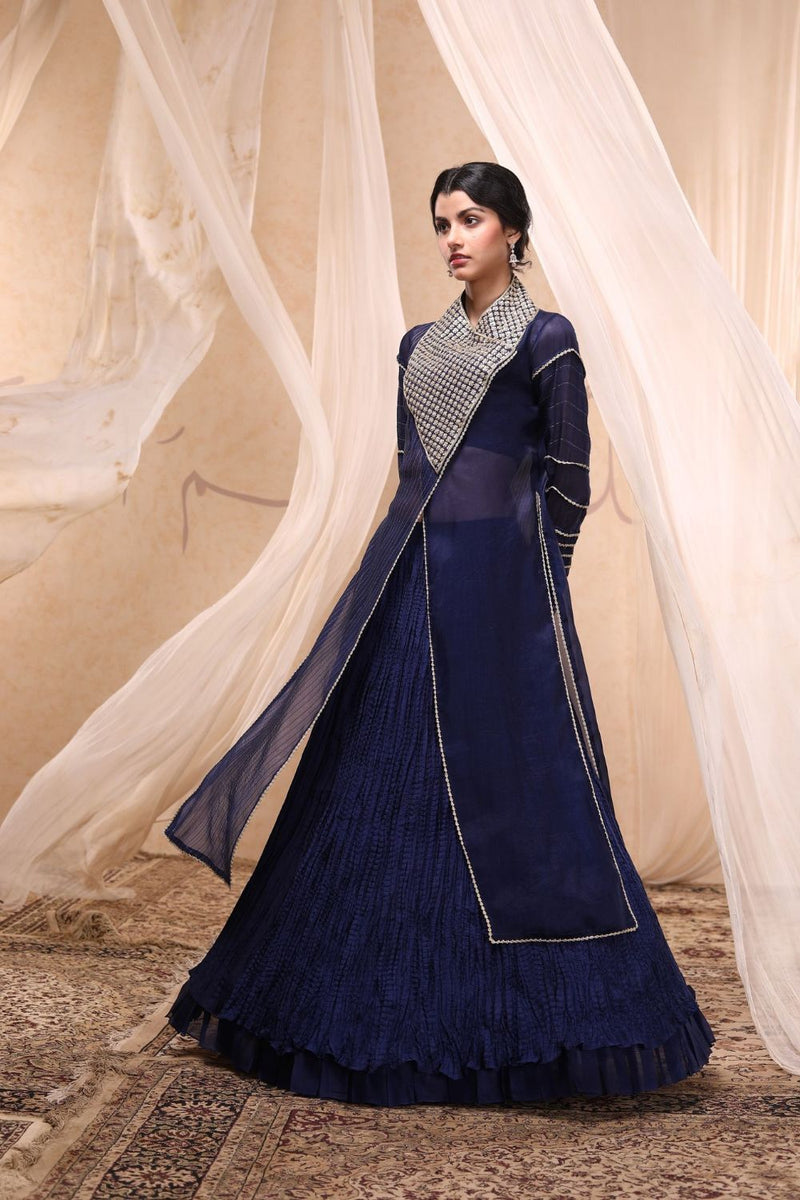 Cobalt Blue Embroidered Jacket Lehenga Set