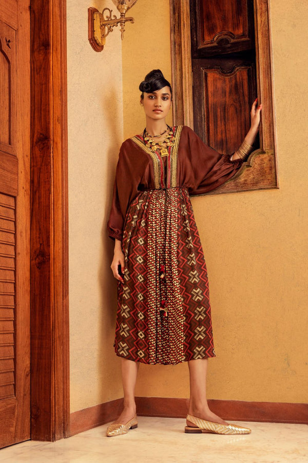 Brown Printed  & Embroidered Dress