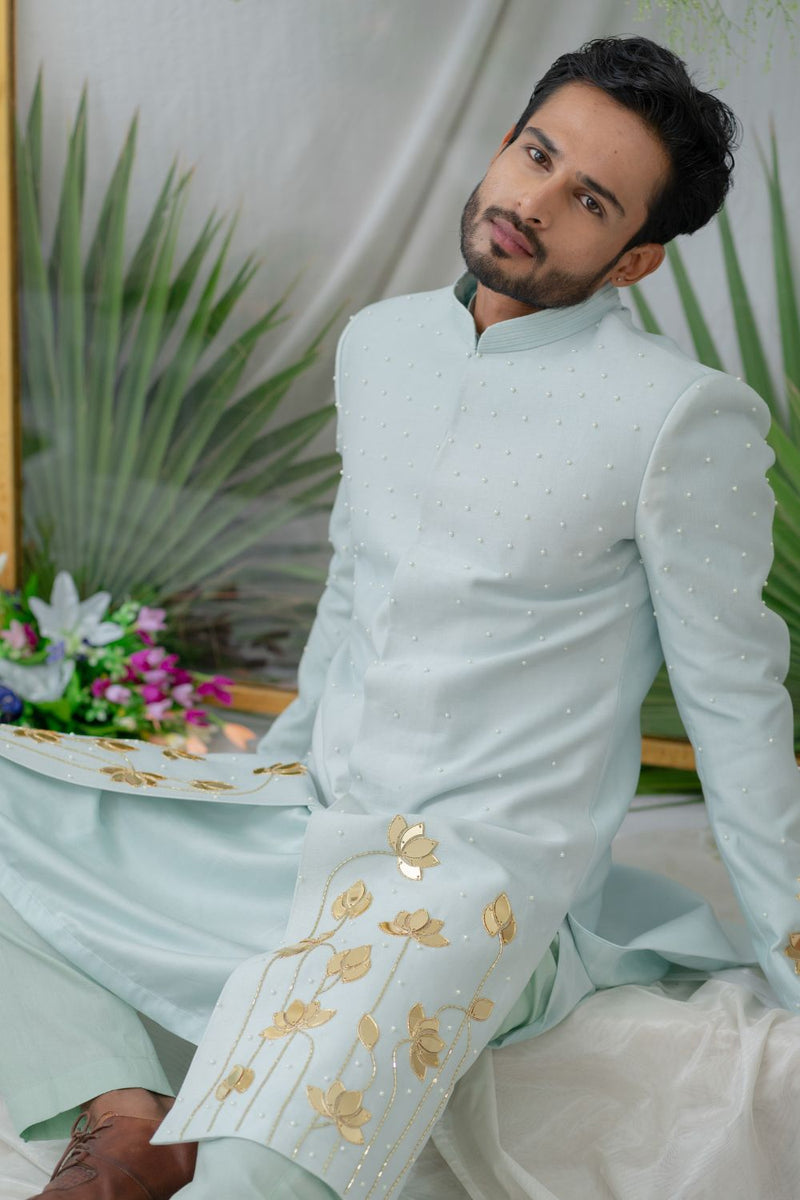 Aayan Lotus Powder Blue  Embroidered  Sherwani Set