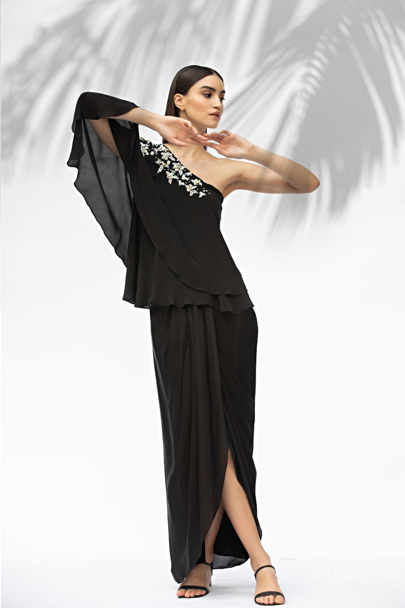 BLACK ONE OFF SHOULDER TOP WITH DRAPED SKIRT