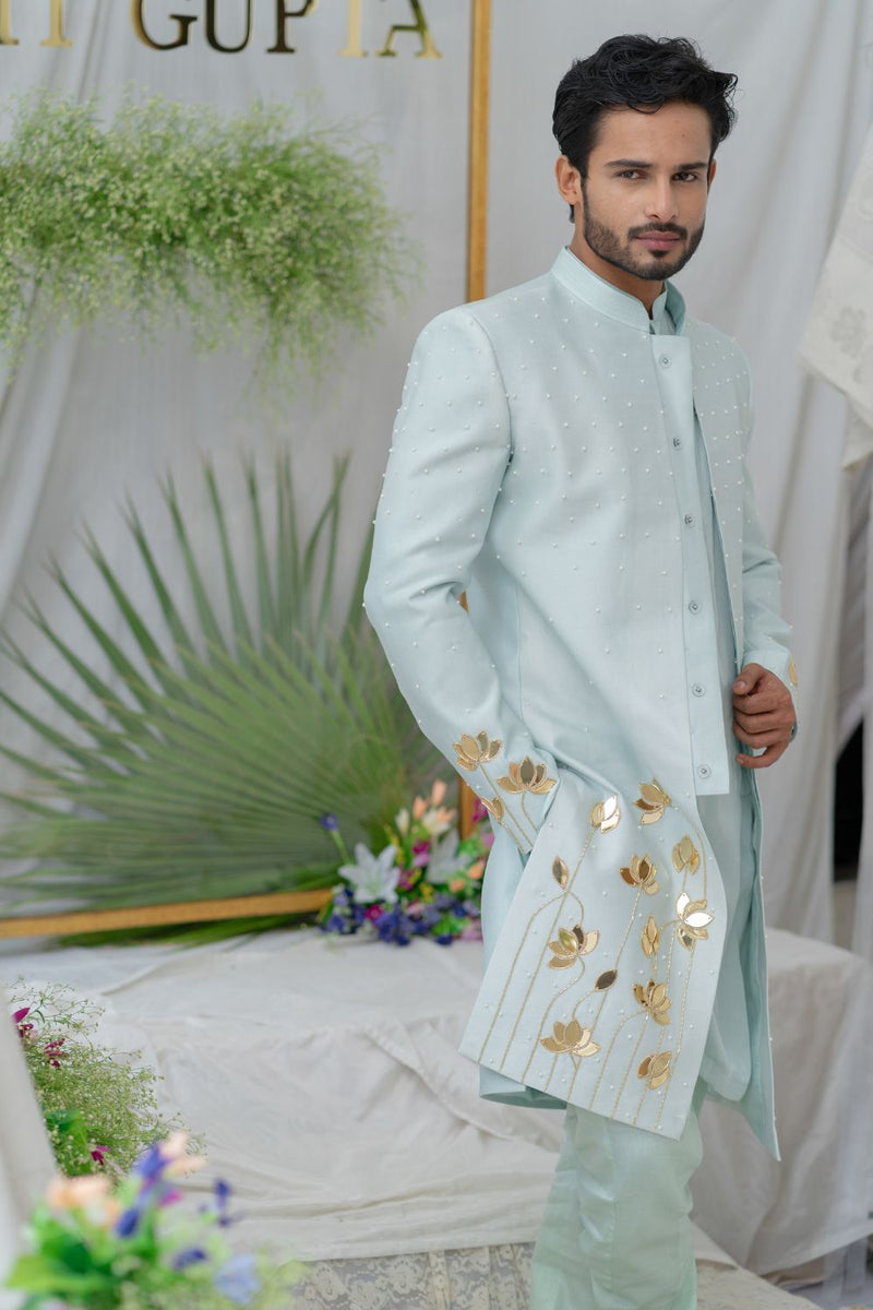 Aayan Lotus Powder Blue  Embroidered  Sherwani Set