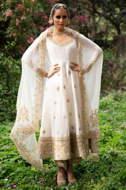 Off-white embroidered anarkali set