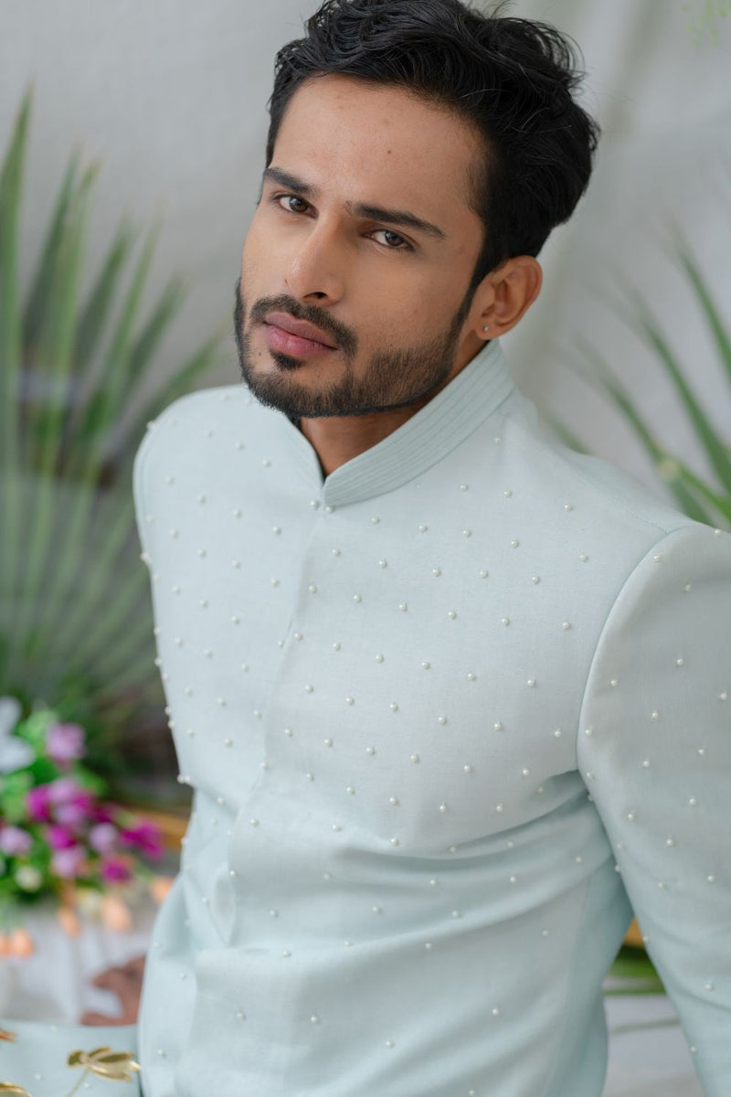 Aayan Lotus Powder Blue  Embroidered  Sherwani Set