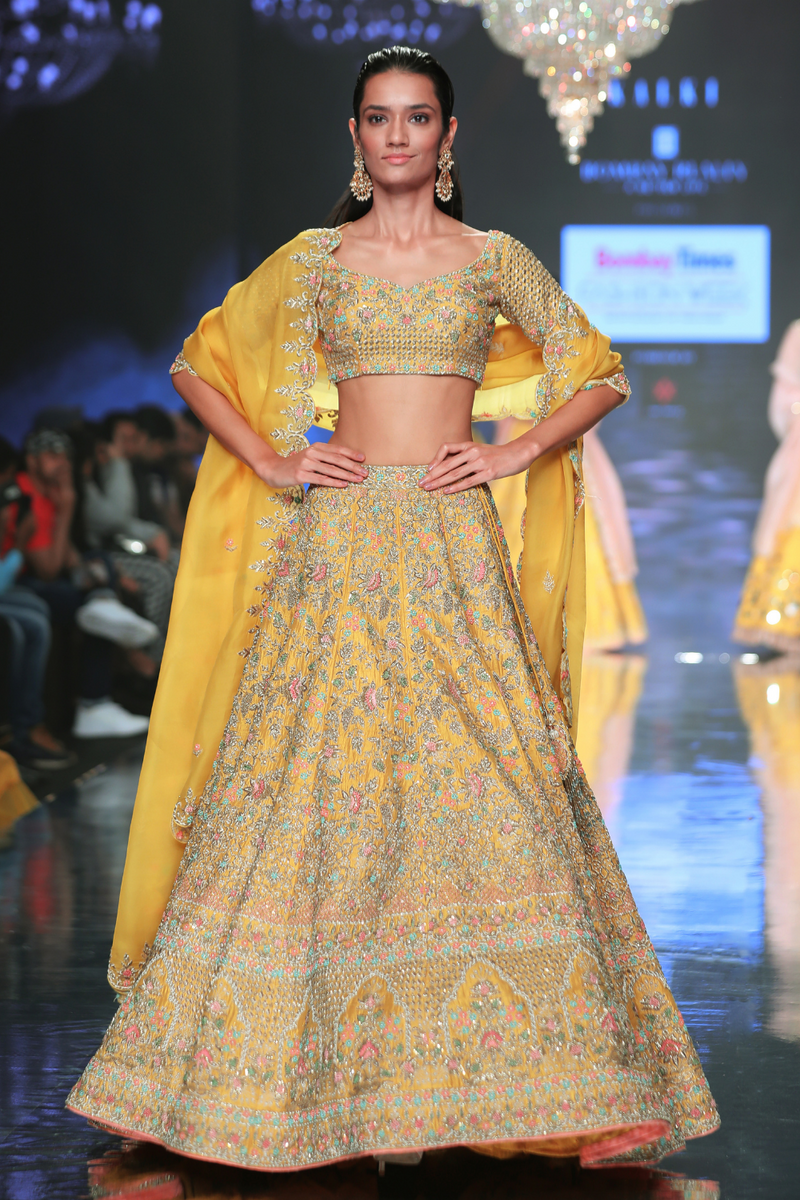 Mellow Yellow Lehenga Choli With Hand Embroidered Floral Jaal And Moroccan Pattern