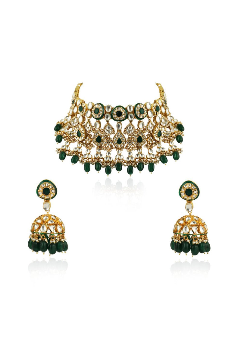 GREEN MEENAKARI DOUBLE LAYERED NECKLACE SET