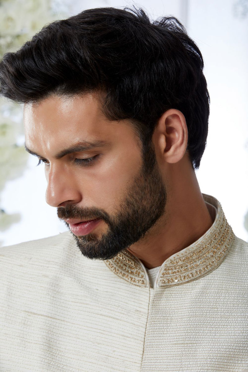 Cream Gold Sherwani Set