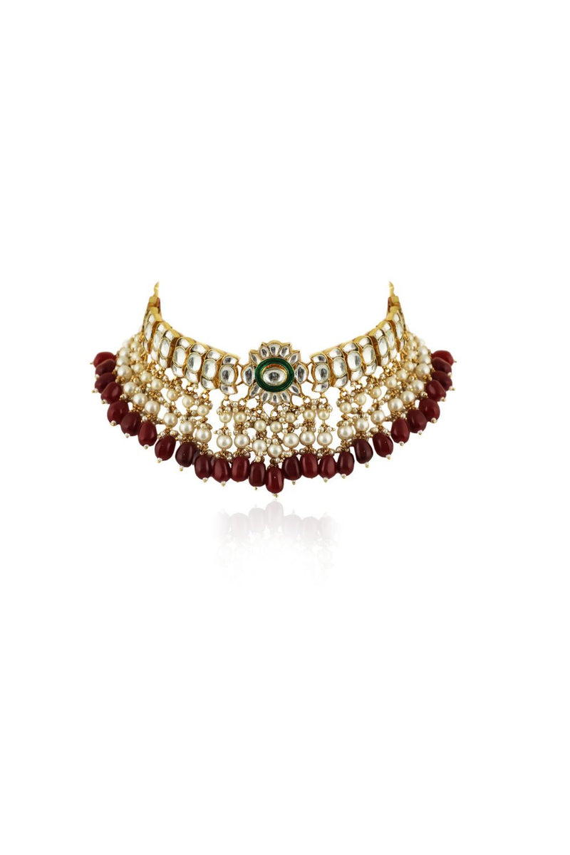 RED BEADS WITH GREEN MEENAKARI WHITE JADTAR  CHOKER SET