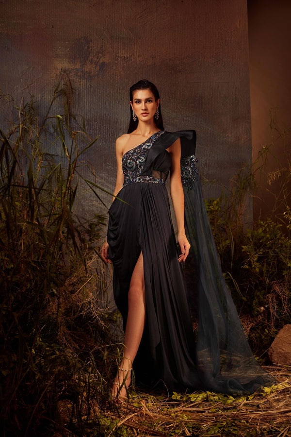 SELENE Mid night blue embroidered structured shoulder slit saree gown