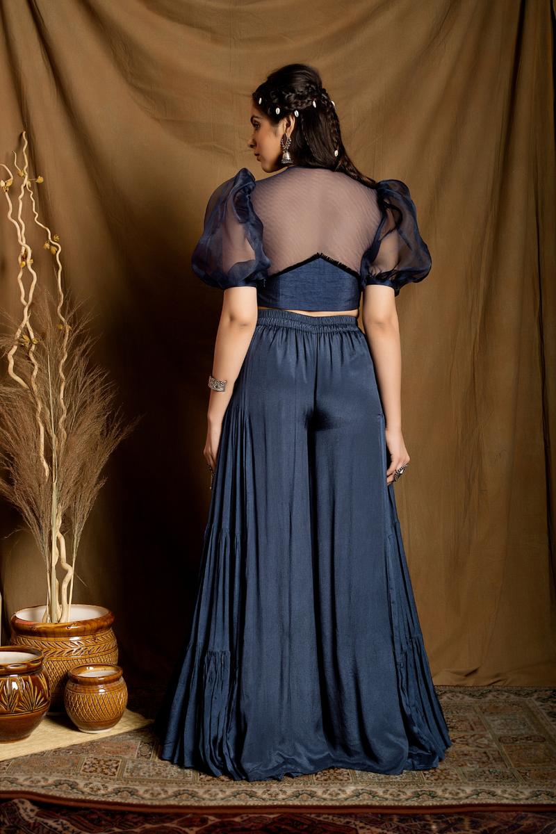 Puff Sleeved pleated blouse with side flared sharara pants