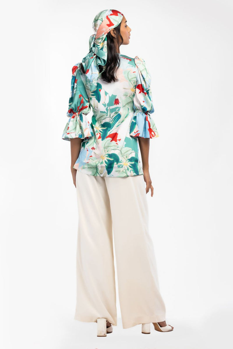 SATIN PRINTED PLETED TOP WITH IVORY DUST SATIN PLEATED PANTS