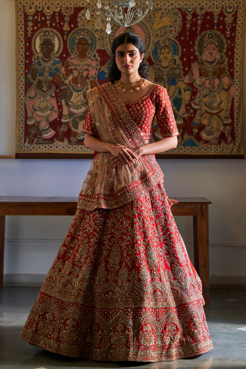 Red Raw Silk Lehenga Set