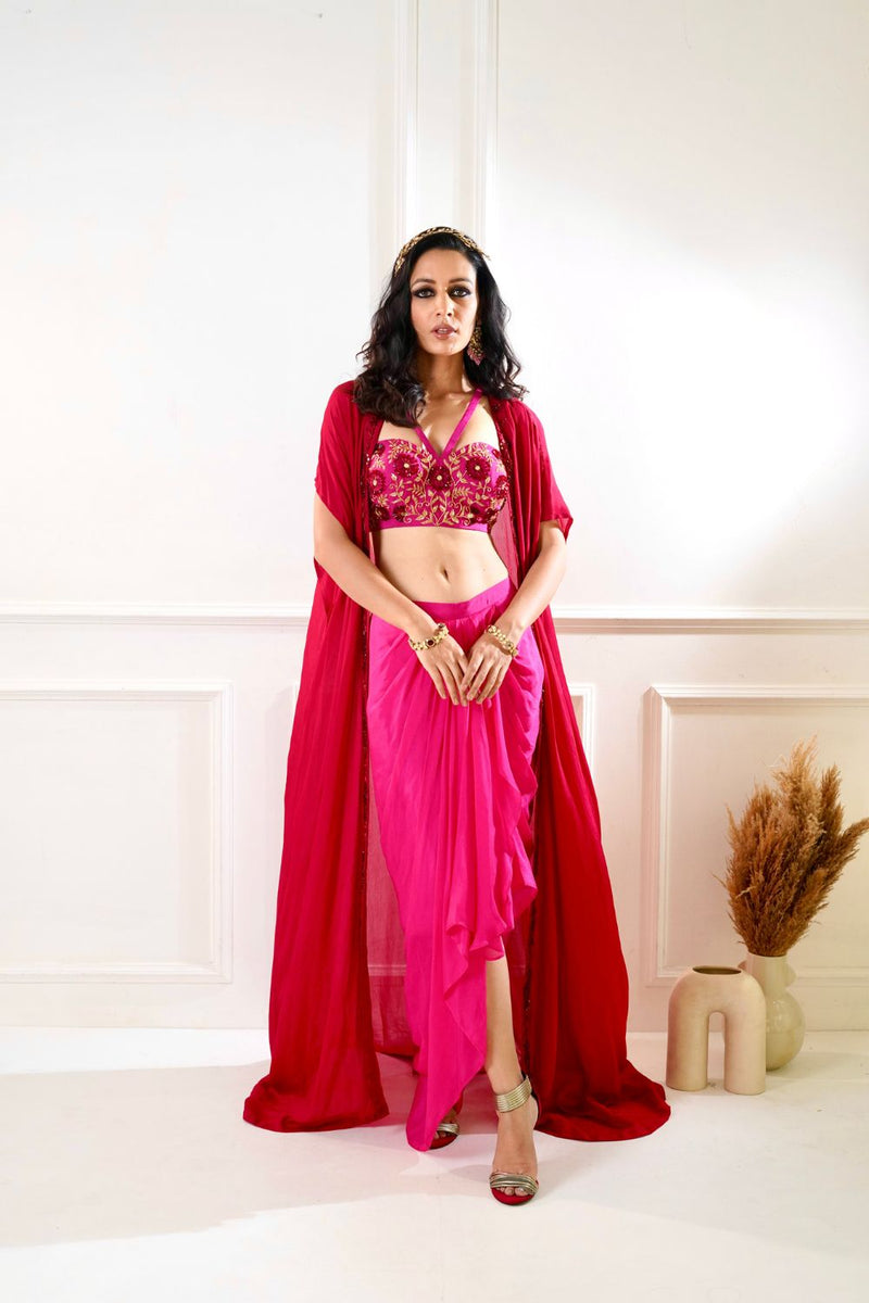 SHIRIN   Maroon and pink Drape Skirt and Cape