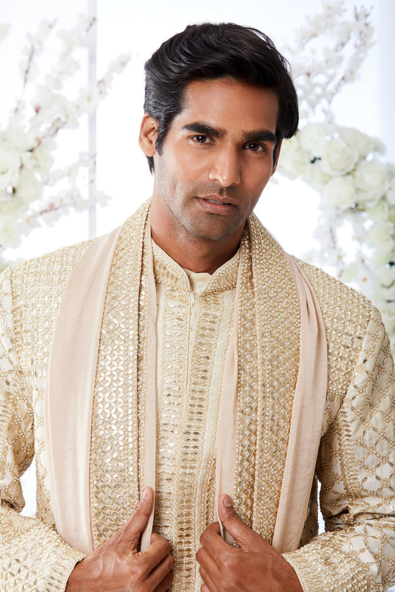 Two-Tone Beige Gota Patti Sherwani Set