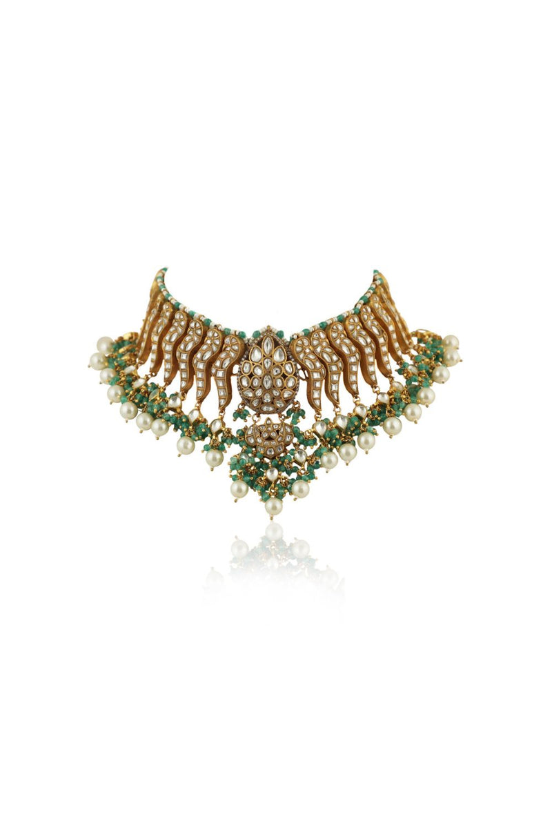 FESTIVE NECKLACE SET IN 22KT GOLD PLATING, CARVED UNIQUELY WITH SEA GREEN BEADS AND PEARLS