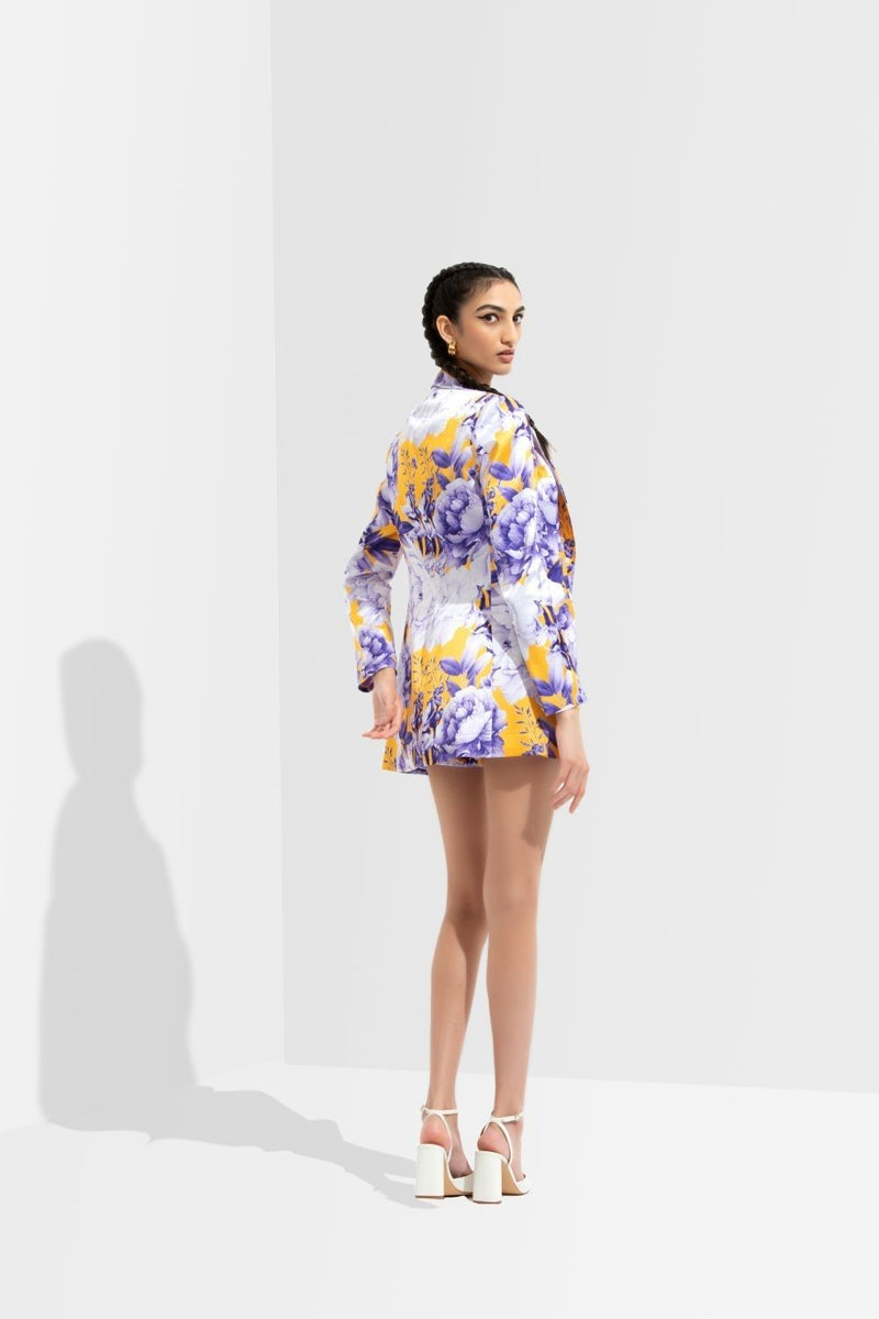 Sumire printed jacket paired with bustier and shorts