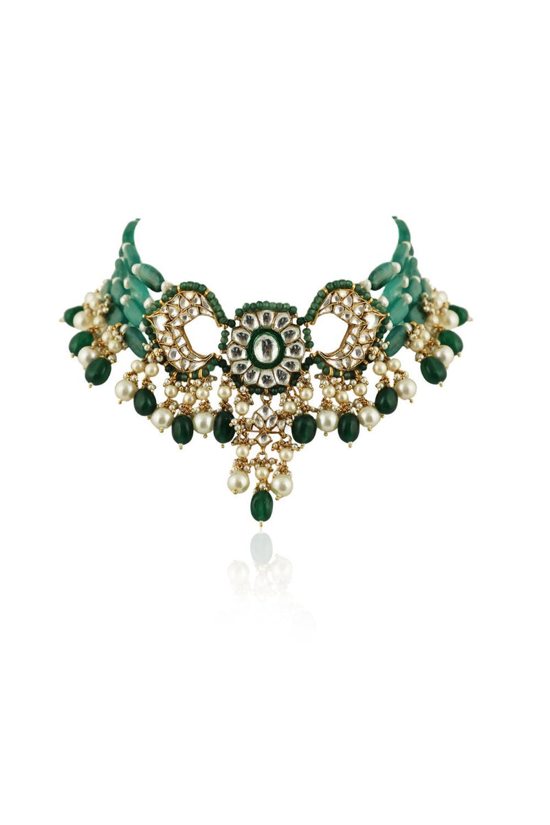 GREEN CHOKER NECKLACE SET WITH CHAND DESIGN IN 22KT GOLD PLATING