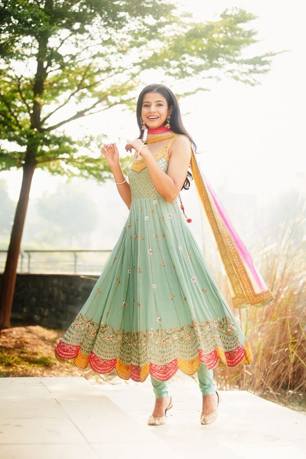 Cyan Color Anarkali with Yellow and Hot pink scallop embroidery