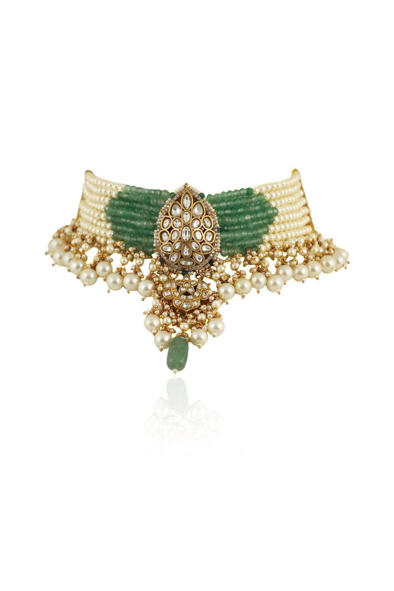 A 22KT GOLD PLATED CHOKER WITH ITS UNIQUE SHAPE IN SEA GREEN AND PEARLS